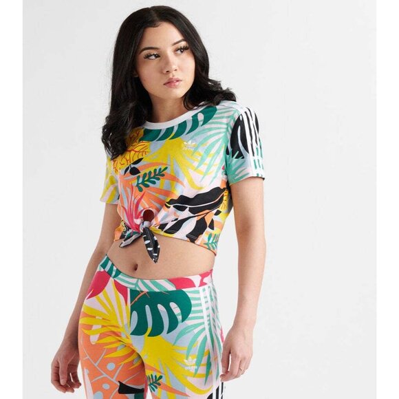 Adidas Womens Tropical Print Tie-Front Cropped T-Shirt Multicolor Size XS Island - Picture 1 of 8